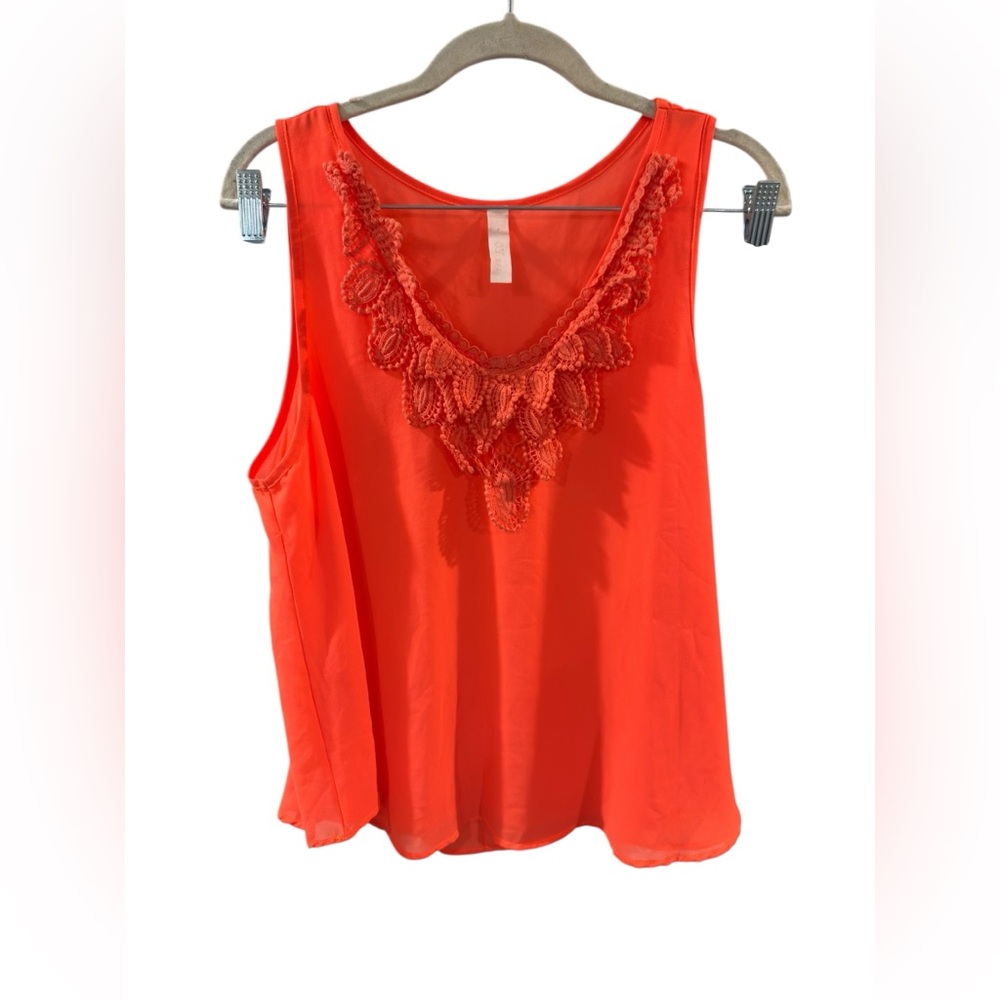 Vibrant Coral Sleeveless Top‎ with Lace Detail